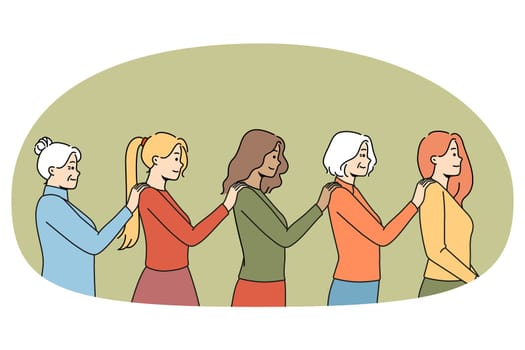 Diverse women in line holding each other with shoulders showing support and unity. Young and old female generations fighting for rights. Feminism and solidarity. Vector illustration.