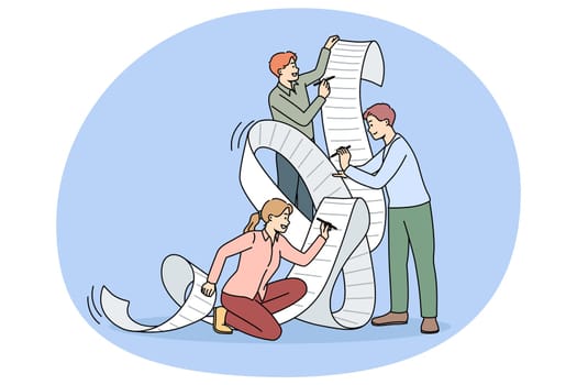 Team of employee work together signing agreement in office. Diverse businesspeople or colleagues put signature on paperwork close deal or contract. Partnership. Vector illustration.