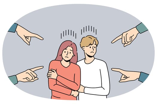 Numerous hands pointing at scared unhappy couple feeling unwell for blaming and guilt. Society shaming young man and woman for relationships. Discrimination. Vector illustration.