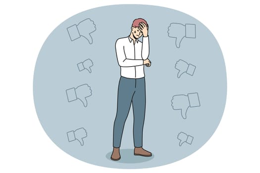 Unhappy businessman stressed with negative feedback or bad career news. Upset male employee distressed with work failure or mistake. Job burnout or mental breakdown. Vector illustration.