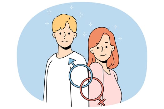 Portrait of smiling young man and woman with gender identity signs. Joint mars and venus symbols. Concept of equality, discrimination and diversity. Flat vector illustration.