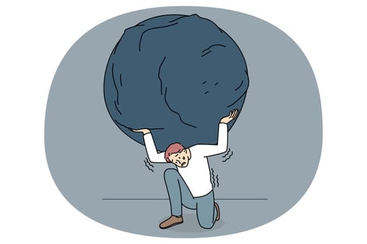 Stressed man carry heavy stone on shoulder overwhelmed with problem or task. Unhappy person hold rock or boulder suffer with overwork and responsibility. Burden concept. Vector illustration.