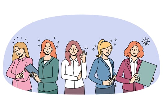 Diverse businesswomen in formalwear feel confident and successful at workplace. Female business group or team show leadership and unity. Feminism and employment. Vector illustration.