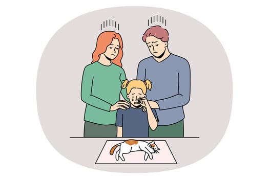 Family with child mourn of sick poor cat being unwell dying on table in hospital. Parents with small kid grieve above old pet gone. Domestic animals and bonding concept. Vector illustration.
