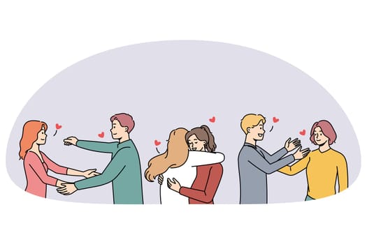 Happy young people hugging meeting together greeting each other. Smiling diverse friends have fun embracing with open arms. Friendship and relationship. Vector illustration.