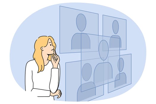Confused woman look at various avatars in cyberspace think of image change. Pensive female choose decide digital face personality from virtual space. New technology. Vector illustration.
