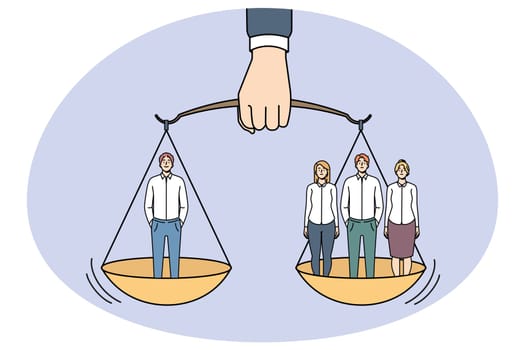 Businessman hand hold scales with one man weight same as group of people. Employees team and separate worker balance on weighs. Inequality of rights and power. Vector illustration.