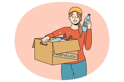 Smiling woman with box help people in need with food and supplies. Happy girl volunteer show aid and assistance to poor. Female activist feel kind. Charity and donation. Vector illustration.