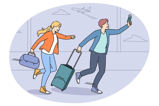 Worried couple tourists run in hurry for plane in airport. Man and woman travelers in rush not to miss flight going to vacation or trip. Travel and tourism concept. Vector illustration.
