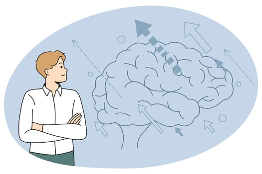 Businessman look at huge brain image develop idea or solve business problem. Male employee brainstorm think of trouble solution. Creativity and innovation. Flat vector illustration.