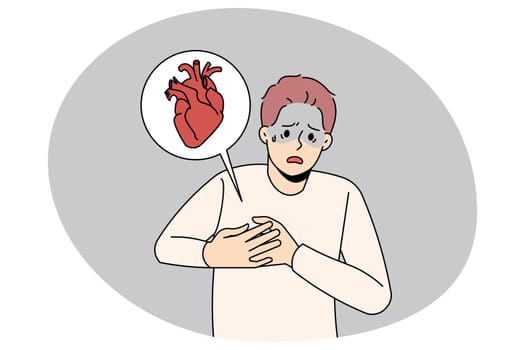 Unwell man feel sick suffer from heart stroke. Sick unhappy guy touch upper chest having cardiovascular problems need doctor help. Healthcare and medicine. Vector illustration.