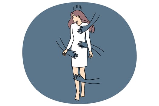 Hands of men touch unhappy stressed woman. Concept or gender harassment and violence. Sexual rape and bullying. Female suffer from discrimination at workplace. Vector illustration.