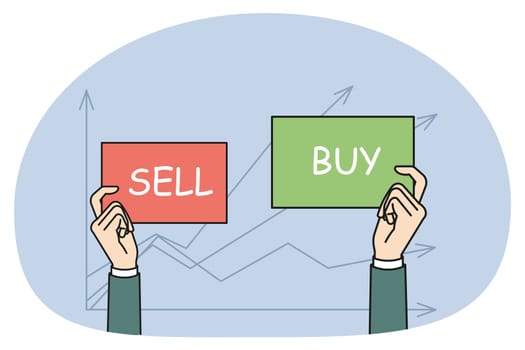 Businessman hands on stock market chart background hold Buy and Sell signs. Man trader or investor exchange business data. Trading and investing concept. Flat vector illustration.
