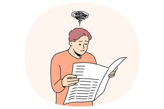 Confused man reading newspaper feeling unsure about news. Skeptical doubtful guy unhappy about disinformation and propaganda in printed media. Vector illustration.