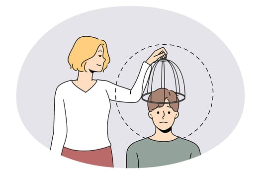 Woman take cage from man head free his mind to new ideas and knowledge. Concept of brain free from imprisonment. Creative thinking and unlock potential. Vector illustration.