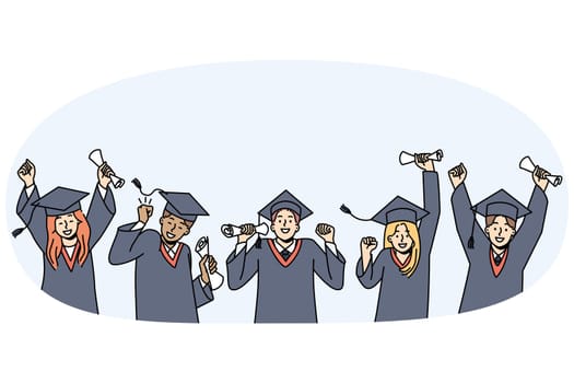 Excited young people in gowns and caps celebrate high school graduation. Happy girls and guys students triumph hold diplomas graduate collage or university. Education. Vector illustration.