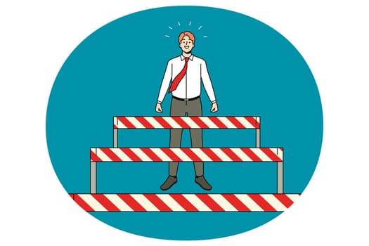 Businessman stand overcome obstacles on way to career or work success. Motivated happy man employee pass barriers to achievement. Challenge and accomplishment. Vector illustration.