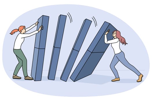 Businesswoman hold domino prevent from falling down. Concept of domino effect and chain reaction. Risky business project or idea, financial company crisis. Flat vector illustration.