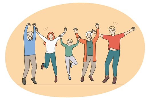 Overjoyed three generations of family have fun jump and laugh together. Smiling kids, parents and grandparents celebrate success feel joyful and excited. Flat vector illustration.
