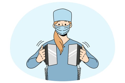 Woman nurse in medical uniform and facemask resuscitating patient in hospital. Female worker use defibrillator in ER in clinic. Medicine and healthcare. Vector illustration.