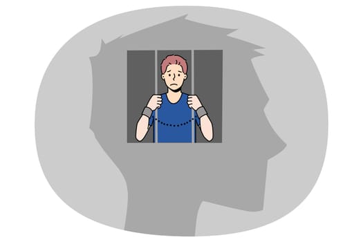 Man in jail inside human head suffer from freedom of thoughts or rights. Unhappy imprisoned male locked in mind have life restrictions and bans. Brain prison. Vector illustration.