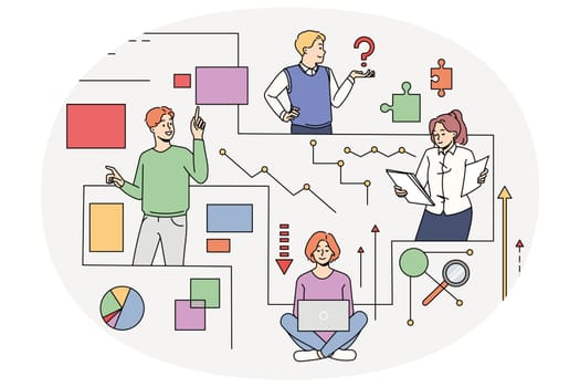 Diverse people connected in network looking for information or problem solution. Men and women employees cooperate for issue or trouble solving. Teamwork. Vector illustration.