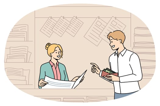 Smiling buy magazine at street newsstand with press. Happy male client purchase newspaper in outdoor kiosk or stall. Print media and entertainment. Flat vector illustration.