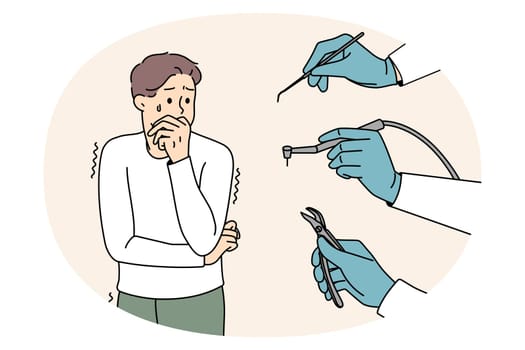 Stressed man scared of dental tools and equipment at dentist appointment. Unhappy guy afraid of teeth fixing distressed of doctor. Dentophobia concept. Flat vector illustration.