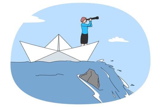 Businesswoman with spyglass in paper ship going to financial crisis or failure. Female employee or worker having problems with finances and career. Bankruptcy and risk. Vector illustration.
