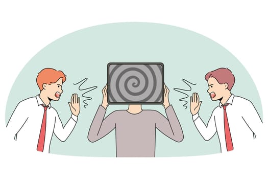 Men screaming to person feeling overwhelmed with information from TV screen. People shout and yell advertising content. Concept of data war or overwhelm. Vector illustration.