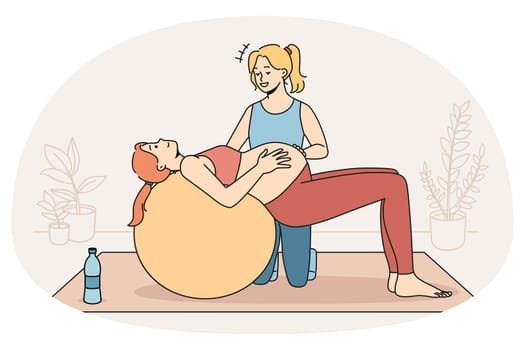 Female coach help pregnant woman do exercise on fit ball do sports preparing for maternity leave. Trainer workout train with future mom to be. Pregnancy and physical activity. Vector illustration.
