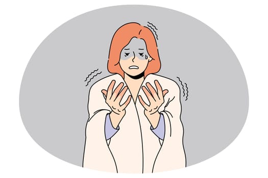 Unhappy woman feel anxious look at red hands suffer from sickness or illness. Upset female with blanket on shoulders have fingers frostbite struggle with cold weather. Vector illustration.
