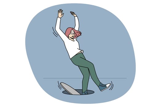 Clumsy unlucky woman fall in open hatch feel scared distressed with unpleasant accident. Female dangerous event or misfortune outdoors. Concept of risky affair or failure. Vector illustration.
