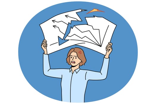 Furious businesswoman tearing paper with graphic or chart downturn stressed with business company failure. Mad woman employee distressed with bankruptcy or crisis. Vector illustration.