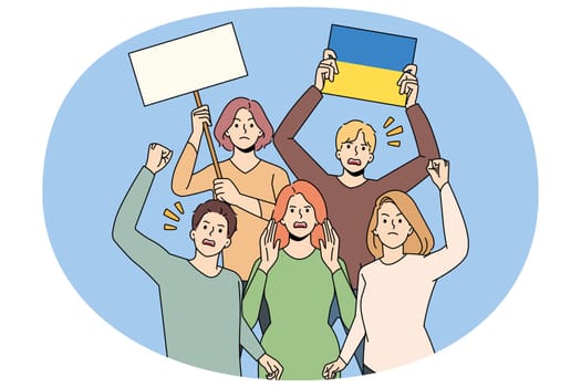 Angry determined people with Ukrainian flags and banners protest against war. Men and women activist on demonstration support Ukraine. Stop war concept. Flat vector illustration.