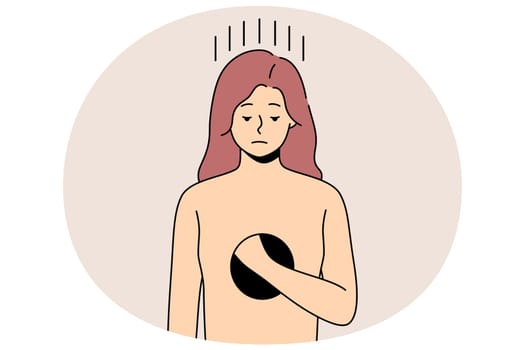 Unhappy woman with hole in body suffer from depression and psychological disorder. Upset sad girl feeling empty inside having mental problems. Healthcare concept. Vector illustration.