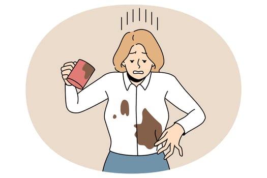 Distressed businesswoman spill coffee on blouse. Unhappy woman douse herself with drink. Clumsy careless female accident at workplace. Vector illustration, cartoon character.