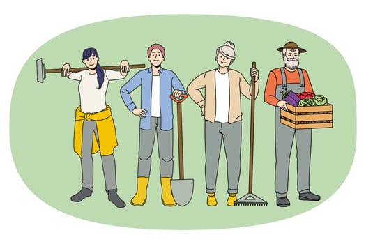 Happy diverse farmers with tools involved in organic farming and rustic cultivation. Men and women gardeners growing eco products. Village gardening and agriculture. Vector illustration.