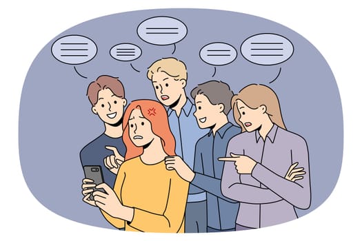 Stressed woman use cellphone have unasked advice from people in background. Unhappy girl feel bothered meddled with public comment and feedback in social media. Vector illustration.