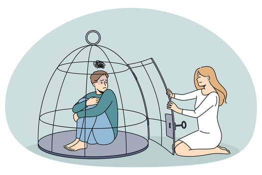 Woman helping unhappy depressed man locked in cage suffer from abuse and oppression. Helpless guy under control and dependence saved by female. Psychological abuse. Vector illustration.