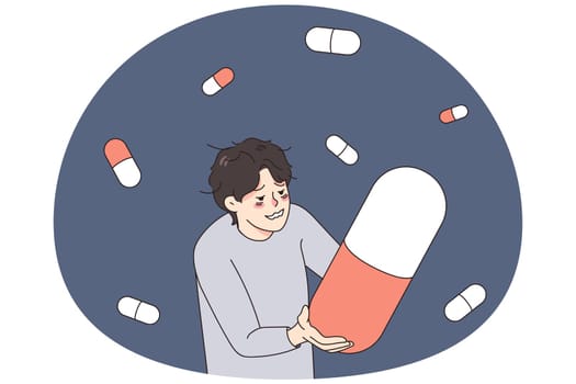Unhappy stressed man suffer from drug addiction hold huge pill. Upset unhealthy guy struggle with depression addicted to medication and tablets. Medicine and healthcare. Vector illustration.