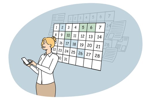 Businesswoman use smartphone plan appointment for day in calendar application. Woman scheduling appointments and events on cellphone app. Time management. Vector illustration.