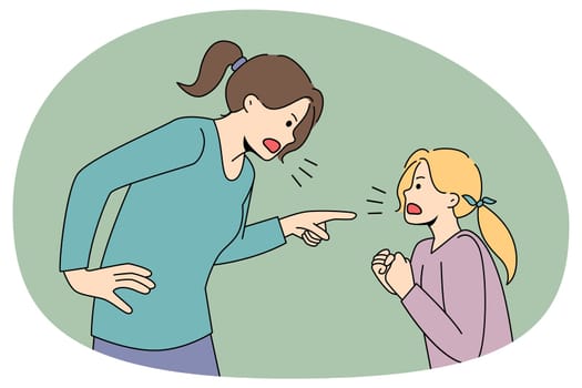 Angry authoritarian mom and naughty small daughter scream fight. Mad mother lecture scold ill-behaved girl child, shouting and yelling. Domestic violence concept. Vector illustration.