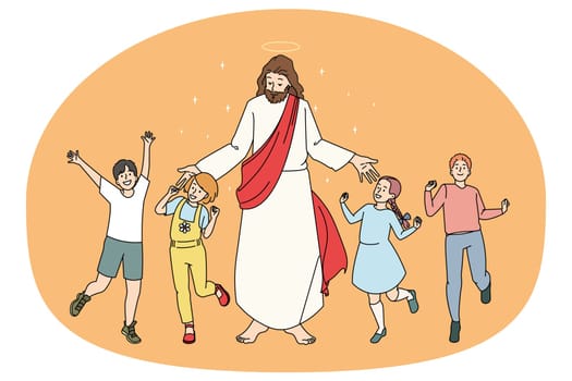 Smiling little kids dancing around Jesus Christ feeling joyful and excited. Jesus share love and care communicate with small children. Faith and religion. Flat vector illustration.