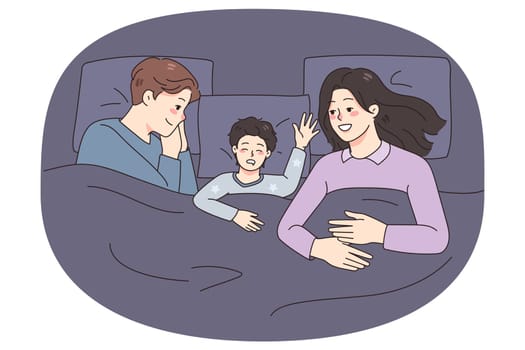 Happy young family with small kid sleep together in bed at home. Smiling parents relax take nap with little child. Childcare and parenthood concept. Flat vector illustration.