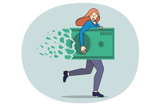Businesswoman run with dollar bill collapsing. Money loss and decline in value. Girl with banknote struggle with financial crisis or bankruptcy. Inflation and deflation concept. Vector illustration.