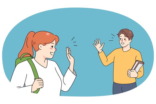 Smiling diverse colleagues say bye wave with hand after job in office. Happy man and woman employees or coworkers greeting or show hello. Friendship and communication. Vector illustration.