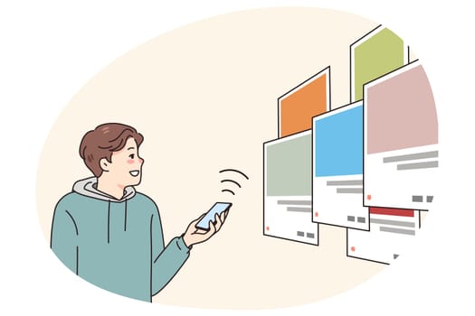 Male developer create web application develop creative interface. Man programmer work with mobile app for program software optimization. Programming and coding. Vector illustration.