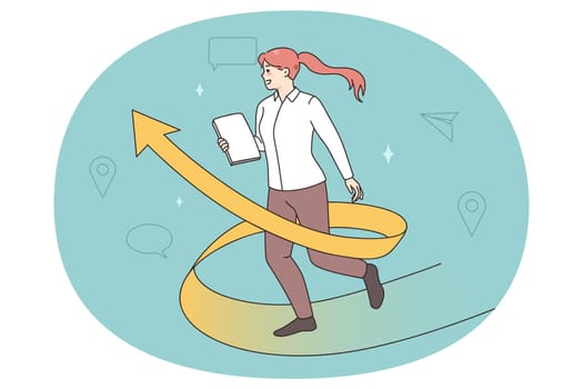 Motivated businesswoman run on arrow strive to business or career goal. Happy female employee or worker motivated for job opportunities. Business development and growth. Vector illustration.