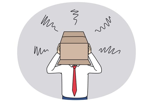 Unhappy businessman hide head in box feel ashamed of people or society struggle with business failure or loss. Distressed man experience bankruptcy or mistake hiding. Vector illustration.